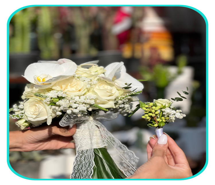 دسته گل عروس همراه با گل کت داماد