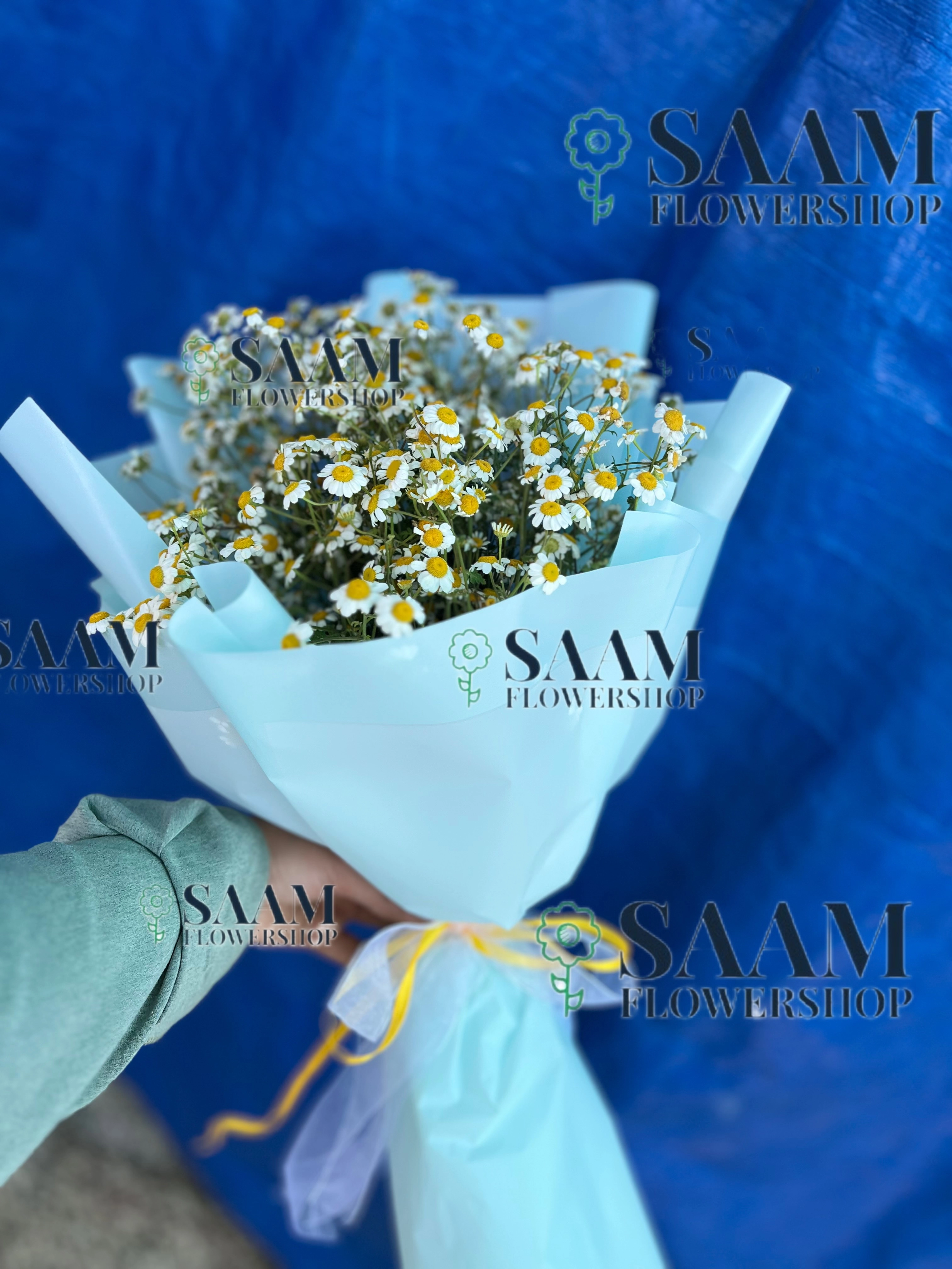 دسته گل بابونه با کاغذ آبی