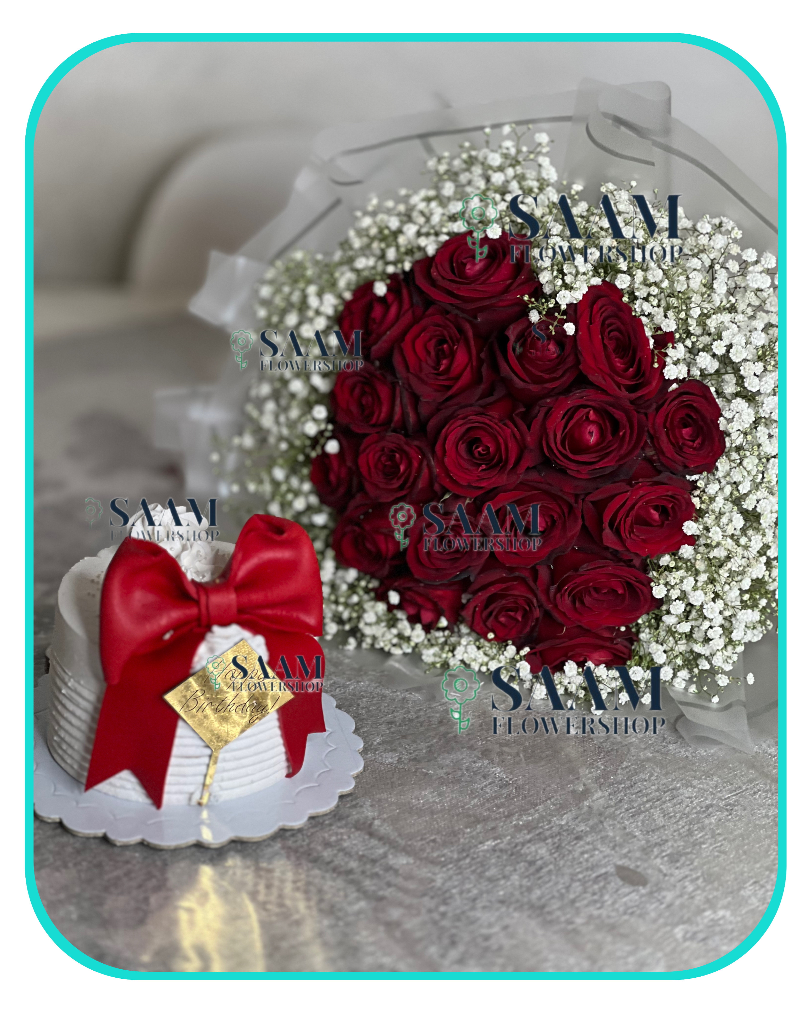 سفارش دسته گل رز قرمز و کیک تولد