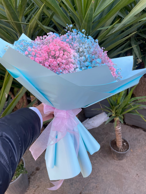 دسته گل بزرگ ژیپسوفیلا صورتی و آبی مخصوص مراسم تعیین جنسیت با کاغذآرایی آبی - سام فلاور.
